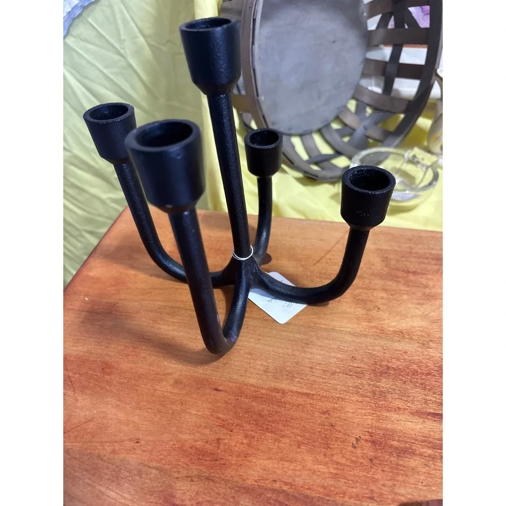 Vintage Cast Iron Look 5 Arm Candelabra Matte Black Brutalist Candle Holder